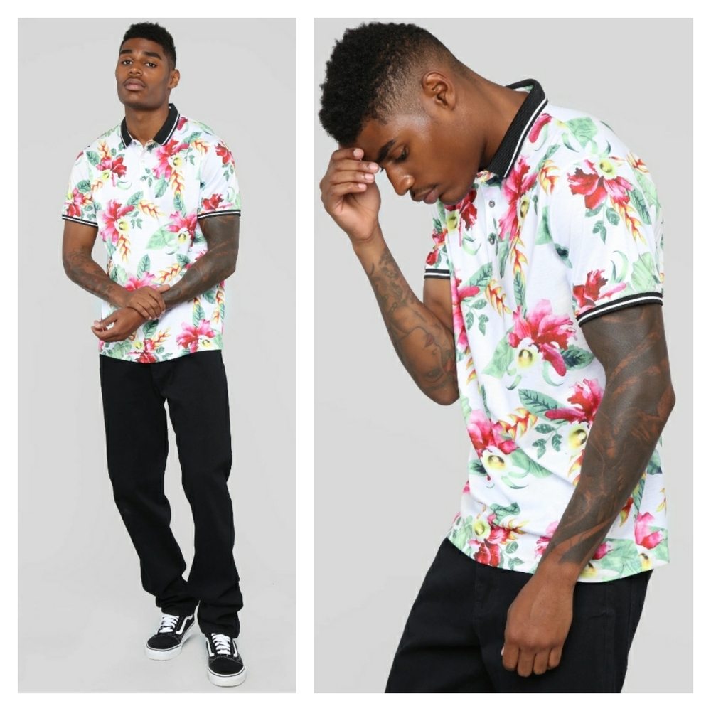 FASHION NOVA MEN Pink Green Tropical Floral Print Polo Short Sleeve Top NWT XXXL
